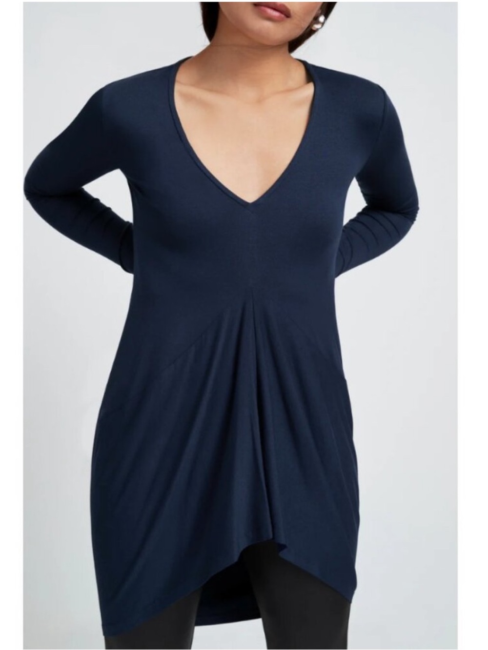 Marcella NYC Reade Tunic Top Navy Blue Draped Jersey V-neck Size S